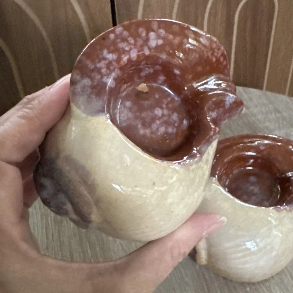 Two Vintage Glazed Pottery Seashell Conch Tealight Candle Holders MCM